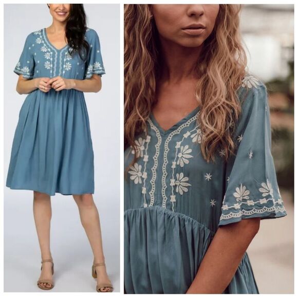 Polagram Dresses & Skirts - Polagram embroidered floral boho short sleeve dress sz L